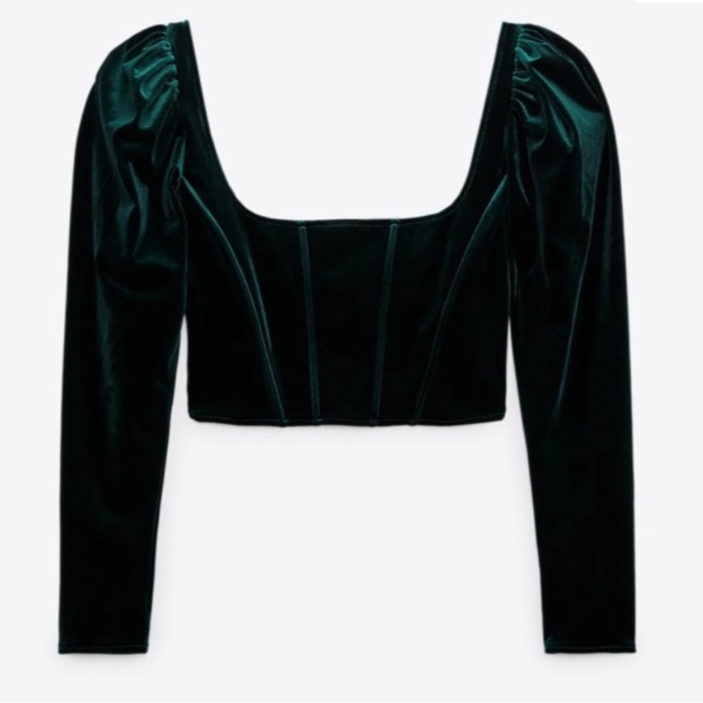 ZARA Women’s Size S Green Velvet Long Puff Sleeve Cropped Square-Neck Corset Top - Picture 13 of 14